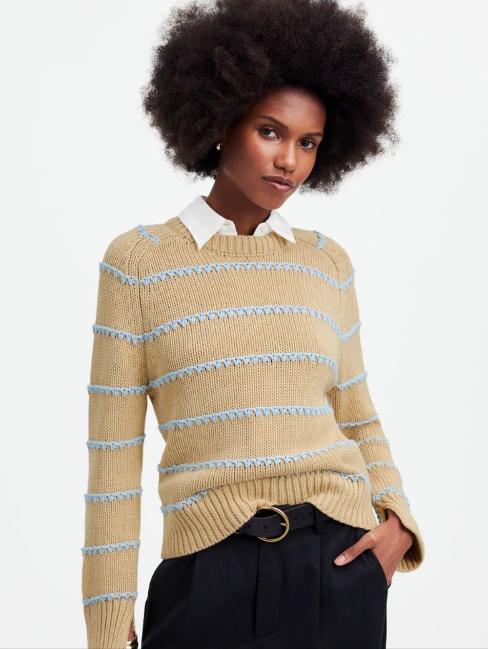 Madewell Textured Cotton Crewneck Sweater in Stripe Small Beige/Tan and Blue